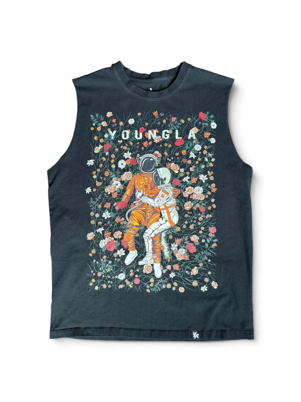 YoungLA Black Tank Top with Orange Astronaut & Multicolor Floral Graphic